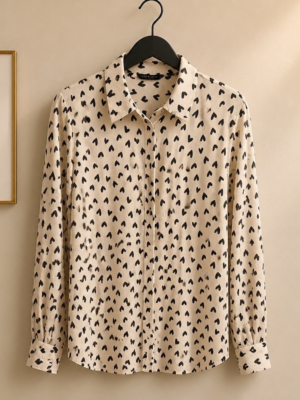 Zara Cream Button-Down Shirt with Black Heart Print